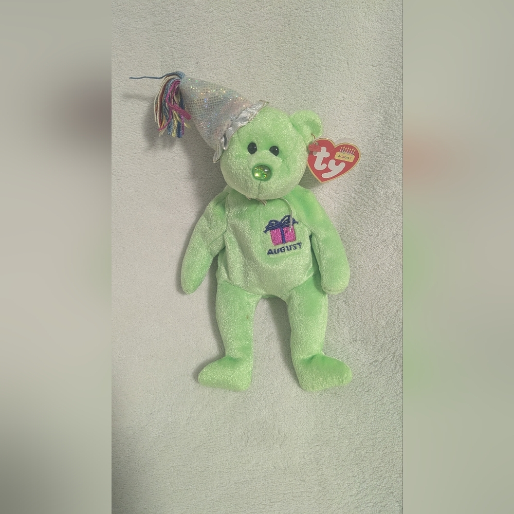 Ty Green Bear with Sparkly Party Hat August Happy Birthday